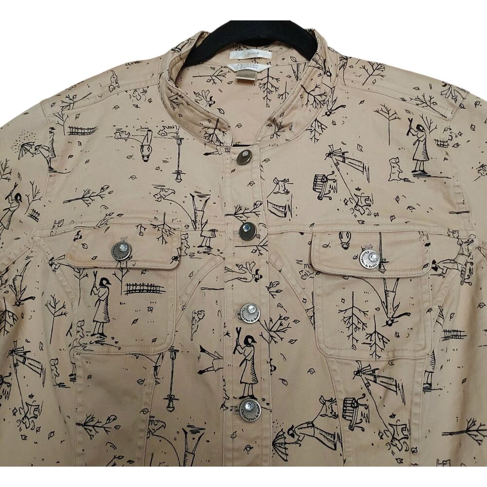 Christopher & Banks Womens Tan Stretch Jacket Dog People City Park Graphic Sz XL - Picture 4 of 6